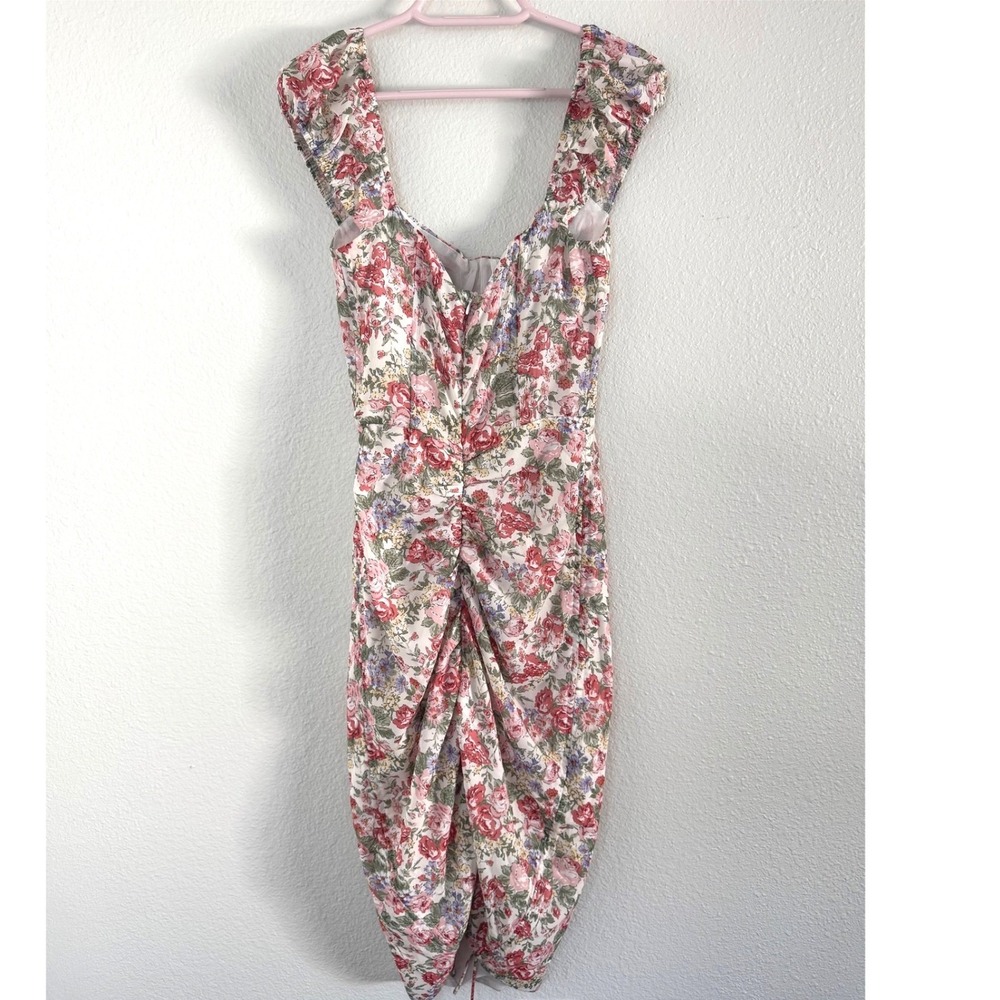 Sabo Floral Corset Midi Dress XS Pink Rose Ruched‎ Back Sweetheart Neck - Picture 4 of 8
